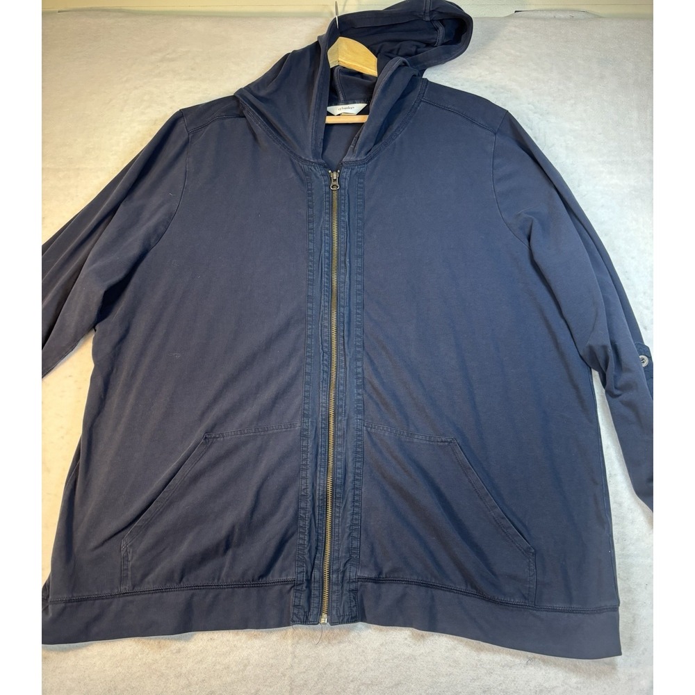 CJ Banks Women's Jacket 3X Blue Zip Front Hooded Roll Tab SL Yoga Work Out